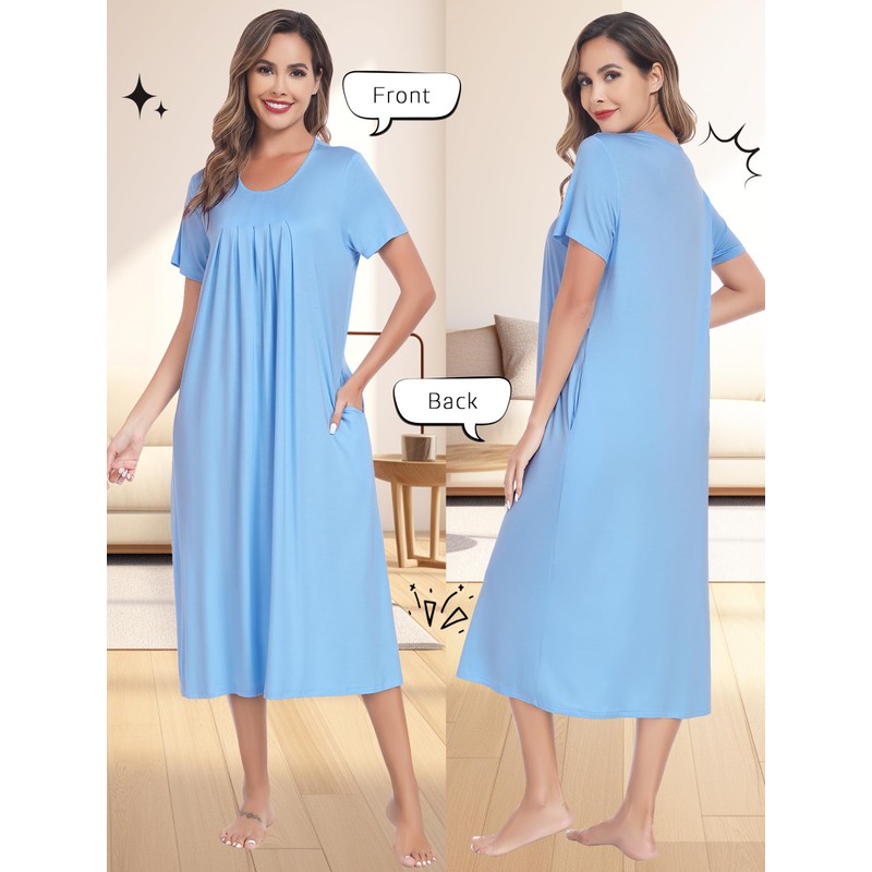 Vlazom Women's Long Nightgown Pleated Casual Nightdress Short Sleeve Soft