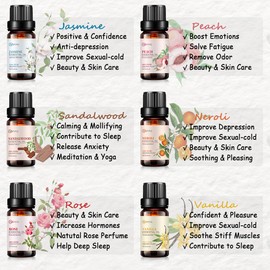 AOPING Essential Oil Set 6x10ML - 100% Pure Organic Plant Oil for Diffuser Massage Aroma Spa Yoga Perfume - Rose, Jasmine, Sandalwood, Vanilla, Neroli, Peach