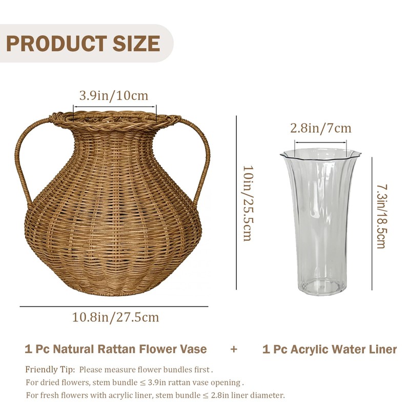 Handwoven Natural Rattan Flower Vase, Wicker Basket with Acrylic Liner,