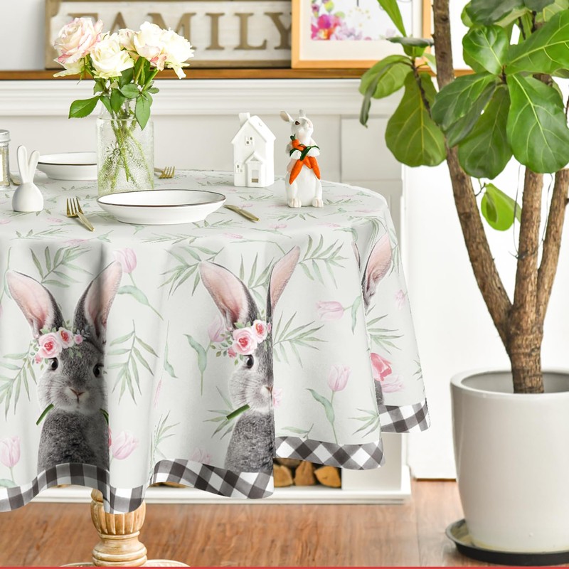 Horaldaily Easter Tablecloth 70×70 Inch Round, Flowers Bunny Buffalo Plaid