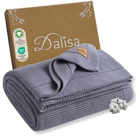 Dalisa 100% Organic Turkish Cotton Throw Blanket - GOTS Certified, Cozy - Perfect for Couch, Bed, and Home Decor - Boho Vintage Knit Alina (Grey Blue, 60x80)