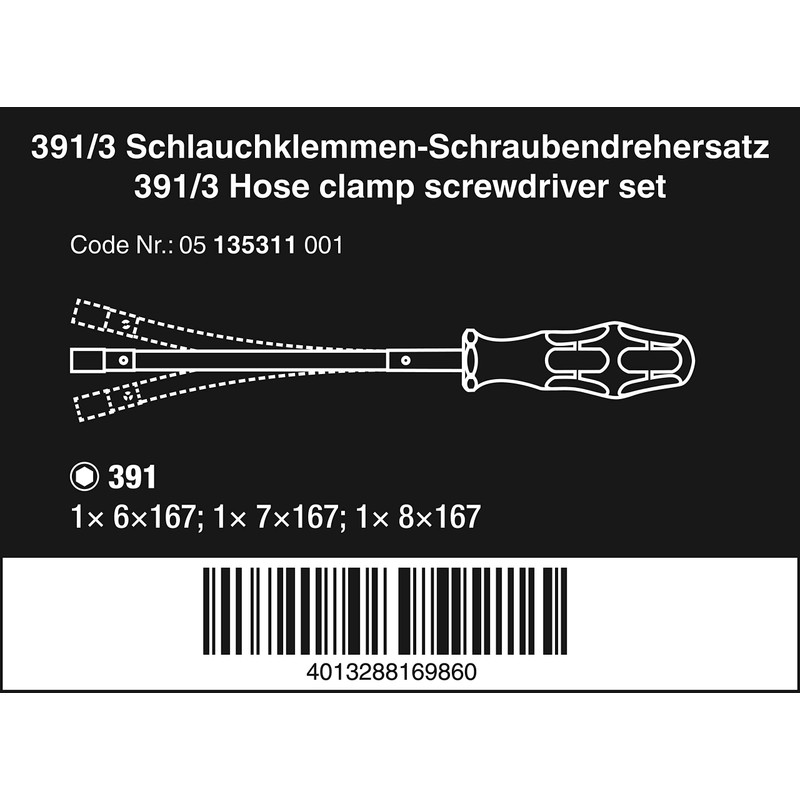 WERA 05135311001 391/3 Hose Clamp Screwdriver Set Sizes 6.0-8.0