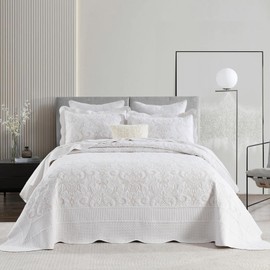 Bedduvit 100% Luxury Cotton 120"x120" Oversized California King Bedspread - Extra Large Quilts, Modern White Lightweight Cal King Comforter Set Coverlet, 3 Pieces Beige Embroidery Bedding Sets