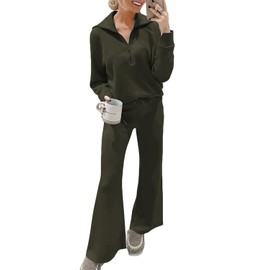 VECVOC Womens 2 Piece Sweatsuits Lounge Joggers Sets Half Zip Sweatshirts with Wide Leg Sweatpants Fall Outfits,Army Green,M
