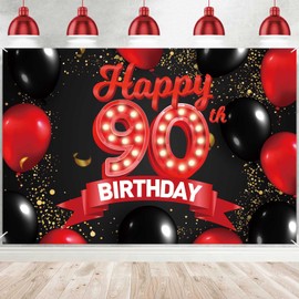 Happy 90th Birthday Red and Black Banner Backdrop Decorations Balloons Theme Decor for Girls Women Princess 90 Years Old Birthday Party Bday Photo Booth Props Supplies Background Favors Glitter Gold