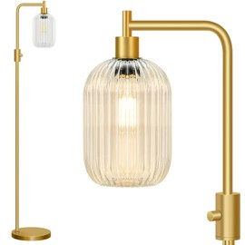 【Upgraded】 Dimmable Glass Floor Lamp for Living Room, Modern Gold Standing Lamp with Clear Ribbed Glass Lampshade & Knob Dimmer, Arc Tall Lamp for Bedroom Office Reading Room, 2700K Led Bulb Included