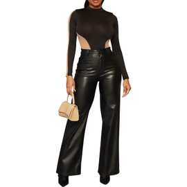 hibshaby Black Leather Pants, Women's Faux Leather High Waisted Straight Leg Long Pants Zipper Fly Pu Trousers Black XL