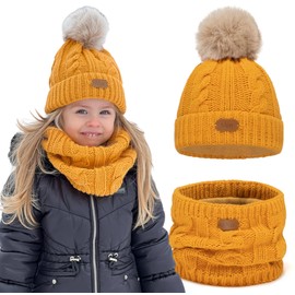 Alur Children's Unisex Beanie with Loop Scarf Set Winter Hat Knitted Hat with Bobble - Warm Elastic Elegant Winter Hat Scarf Eko Bobble Hat - Soft Yarn Stylish Warm, honey
