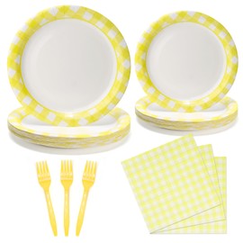 UVTQSSP 96Pcs Party Plates and Napkins Sets, Yellow Gingham Checkered Paper Plates and Napkins Party Supplies for Picnic Birthday, Serve for 24 Guests, Yellow and White