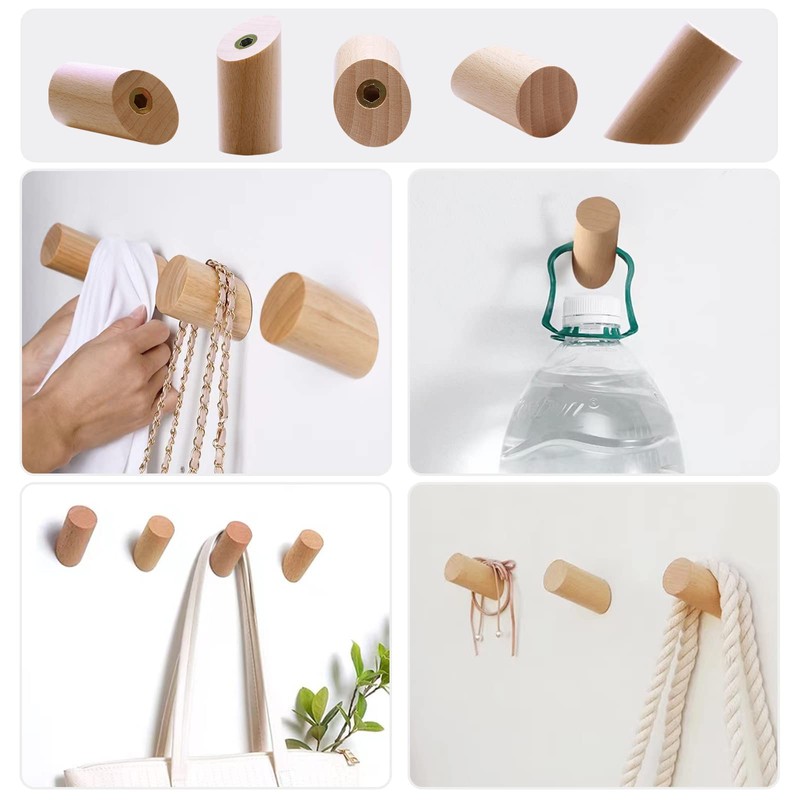 MAIXINNEW 6 Pcs Wooden Coat Hooks, Wall Mounted Wood Coat
