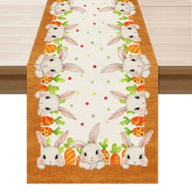 BOTB LIHM Easter White Cute Bunny Carrots Rabbits Cloth Table Runner Burlap Table Decoration for Spring Home Kitchen Dining Dinner Indoor Holiday Farmhouse Decor 13x36 Inch