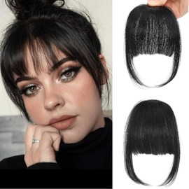 Clip In Fringe Natural Black 100% Real Human Hair Bangs Clip in Air Bangs On Hairpiece Fake Bangs With Temple Wispy Bangs Hair Extensions for women Daily Wear (Clip in Neat Bangs)