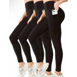 Yoga City Womens High Waist Pocket Leggings Yoga Fitness Exercise Activewear - Black, L