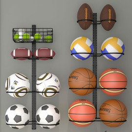 Feyejade 8 Tier Detachable Wall Mounted Basketball Rack,Vertical/Horizontal Football Holder,Holds 14 Balls DIY1/2/3/4 Soccer Stand,Height-Adjustable Ball Rack with Basket for Garage,Tool Room