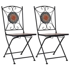 vidaXL Mosaic Decorative Bistro Chairs - 2 pcs Set in Orange and Gray, Powder-Coated Iron Frame with Ceramic seat, Suitable for Indoor and Outdoor use