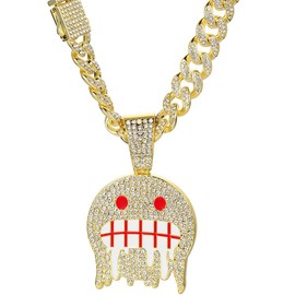 YOHAX Men's Hip Hop Necklace Alloy Full Smiley Face Pendant Hip Hop Style Necklace Jewelry Rock 'n' Roll Stress Relief Fashion Party Accessories (Red Smile Gold Pendant)