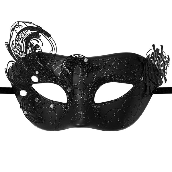 Flongo Peacock Masquerade Mask for Women: Black Venetian Half Mask