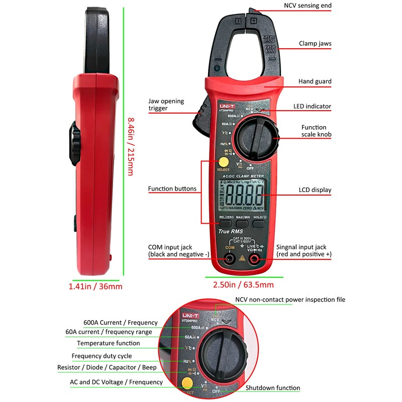 UNI-T UT204PRO Current Clamp, True-RMS Clamp Meter, Clamp Multimeter Measures