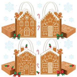Clabby 48 Pcs Gingerbread House Small Christmas Gingerbread Kraft Gift Bag Xmas Presents Boxes House Wrapping Treat Bags with Handle Xmas Characters for Christmas Party Favors Holidays Decorations