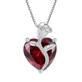 FJ Love Heart Garnet Necklace for Women 925 Sterling Silver Rose Flower Pendant Necklace January Birthstone Jewelry Gifts for Wife Girlfriend Mom Daughter