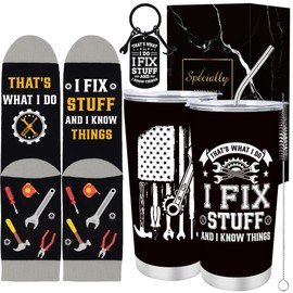 Luvsweets 3Pcs I Fix Stuff and I Know Things Gifts for Dad Husband Grandpa, 20Oz Insulated Tumbler Keychain Socks, Christmas Father's Day Birthday Gifts for Men Mechanic Handyman Trucker Engineers