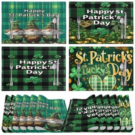 ENLACHIC Bufflao Plaid St. Patrick's Day Placemats Set of 4, 18x12 Inch Green Clover Goblin Saint Patricks Day Holiday Placemats for Table Dinner Kitchen