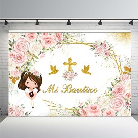 MEHOFOND 7x5ft Mi Bautizo Backdrop Boho Baptism God Bless First Holy Communion Party Decorations for Girl Pink White Flowers Gold Pigeon Holy Cross Newborn Baby Shower Photo Booth Props
