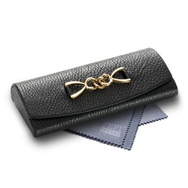 FEFI - Real Leather Glasses Case with Appliqué and Cleaning Cloth, black