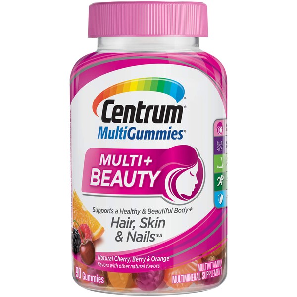 Centrum MultiGummies + Beauty Gummy Multivitamin For Women, Hair Skin And Nails Vitamins With Antioxidants And Vitamins D3 And B , Cherry/Berry/Orange Flavors - 90 Count