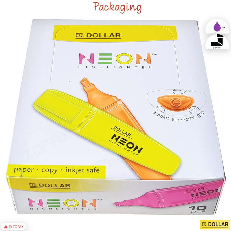 DOLLAR HL625 Neon Fluorescent Highlighter Pens, VIOLET, Pack of 10,