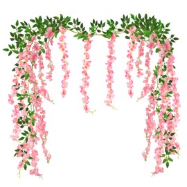 2 Pcs Wisteria Hanging Flowers Garland - 6 Ft/Piece Pink Flower Fake Wisteria, Artificial Flower Garlands Silk Wisterias Vines for Wedding Arch Decoration Home Garden Party Outdoor Indoor Ceremony