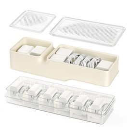 Cord Organizer Storage, Charger Organizer Box with Adjustable Dividers, Dustproof Plastic Case for Cables & Adapters, Includes Cable Ties and Labels, Wire Organizers for Cords in the Home Office