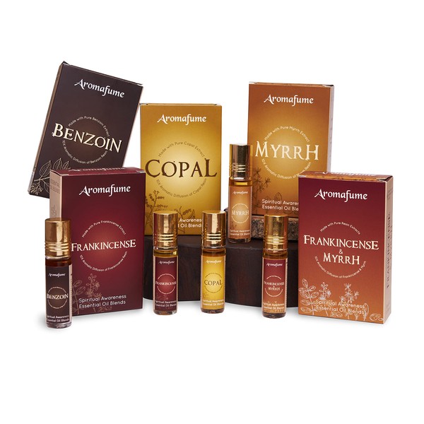 Aromafume Pure Resin Essential Oil Blends Roll On Set 5 Pieces (Frankincense, Myrrh, Copal, Benzoin, Frankincense+Myrrh)