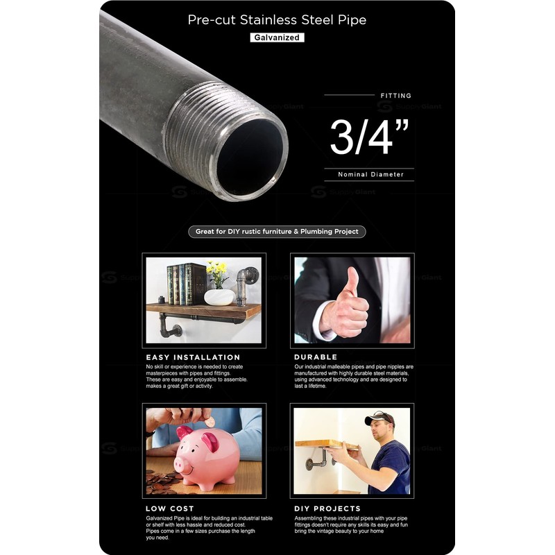 Supply Giant QDHM3430 30" Long Pre-Cut Galvanized Pipe with 3/4"