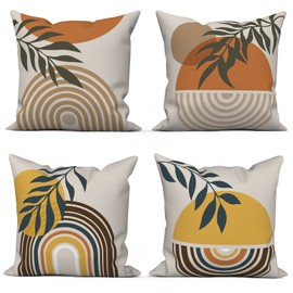 Boho Pillow Covers 16x16 Inch, Mid Century Abstract Arch Throw Pillow Covers Terracotta and Yellow Linen Pillow Cases for Sofa Couch Car, Set of 4 (No Inserts)