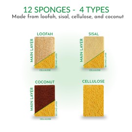 PRIME AND CLEAN Natural Sponges, 12 Pack, Ideal for Cleaning Kitchen, Bathroom & Household (Loofah, Coconut, Cellulose and Sisal Scrubbers), Eco-Friendly, Compostable, Biodegradable, 4 Types of 3 Pcs.
