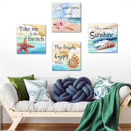 JOFANG 4PCS Canvas Wall Art- Beach Sunshine Seashell Starfish Framed Wall Art for Living Room Pictures for Bedroom Walls Bathroom Decor Kitchen Pictures Wall Decor-12x12in
