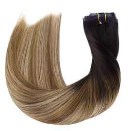 HOTBANANA Seamless Clip in Hair Extensions 18 inch 130g 7pcs Balayage Ombre Brown to Dirty Blonde Clip in Remy Human Hair Extensions Straight Hair Invisible PU Skin Weft