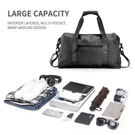 Travel Duffle Bag,Sport Gym Bag for Men And Women with Wet Pocket,Weekender Bag Carry On Tote Bags for Airplane (Black, M)