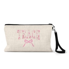 Pink Bow Teach Wristlet Makeup Bag Cosmetic Zippered Pouch Tote for Women Back to School Appreciation Gift (Teach Pink Bow)