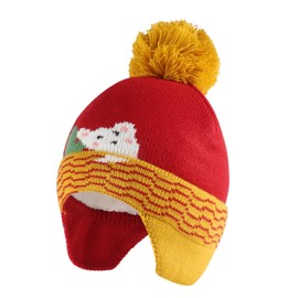 MASOCIO Toddler Kids Hat Winter Girls Boys Baby Bobble Beanie Ear Flaps Thermal Knitted Wooly Warm Fleece 3 4 5 Caps Age 2-6 Years Red