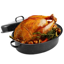 JY COOKMENT Granite Roaster Pan, 18' Enameled Roasting Pan with Domed Lid. Oval Turkey Roaster, Great for Chicken, Lamb, Vegetable. Dishwasher Safe Cookware Fit for 18Lb Turkey