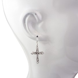925 Solid Sterling Silver Filigree Cross Earrings for Women - Dangling Christian Allergy Free Jewelry