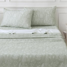 Homilay 100% Natural Cotton Percale Sheets Set,King Size 4 PC, Breathable&Durable Hotel Quality Bedding, 16" Deep Pocket Botanical Floral Bedsheets,Sage Green