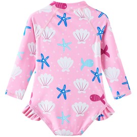 UMELOK Baby Girls One Piece Swimsuit UPF 50+ Sun Protection Floral Printed Long Sleeve Rash Guard Swim Suit Infant Swimwear with Zipper Pink, Starfish Shells,3Y