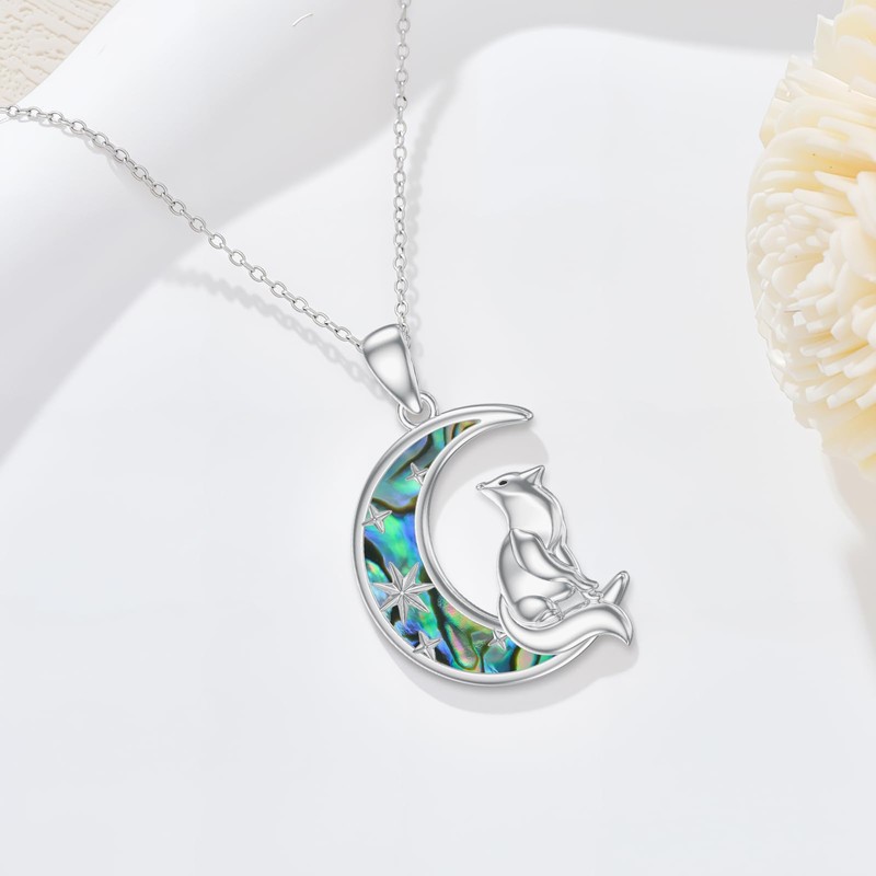 WSX Animal Moon Necklace 925 Sterling Silver Cute Fox Abalone