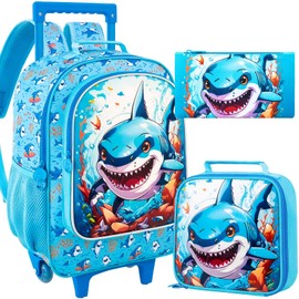 3PCS Rolling Backpack for Boys, Shark Roller School Bookbag with Lunch Bag, Kids Water Resistant Wheeled Backpacks for Teens Boys Elementary Trave