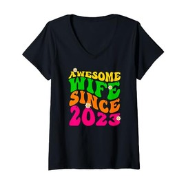 Awesome Wife Since 2023 Wedding Anniversary Groovy Retro V-Neck T-Shirt