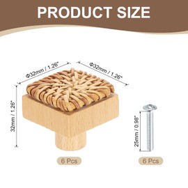 sourcing map 6 Pack Rattan Dresser Knobs, 1.26" Handmade Wicker Woven Drawer Knobs Square Beech Wood Cabinet Knobs with Screws for Furniture Wardrobe Cupboard, Brown