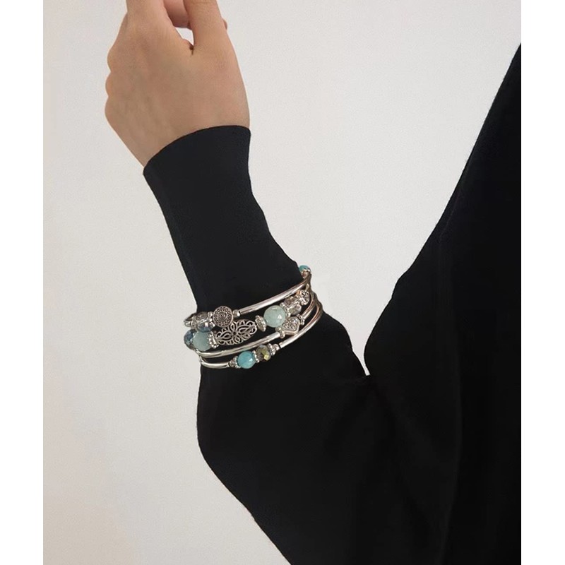 Pulseras apilables con cuentas para mujer, pulsera bohemia de plata,